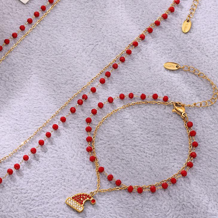 Set di gioielli da donna in acciaio inossidabile color oro con cappello di Babbo Natale e zirconi Immagine6