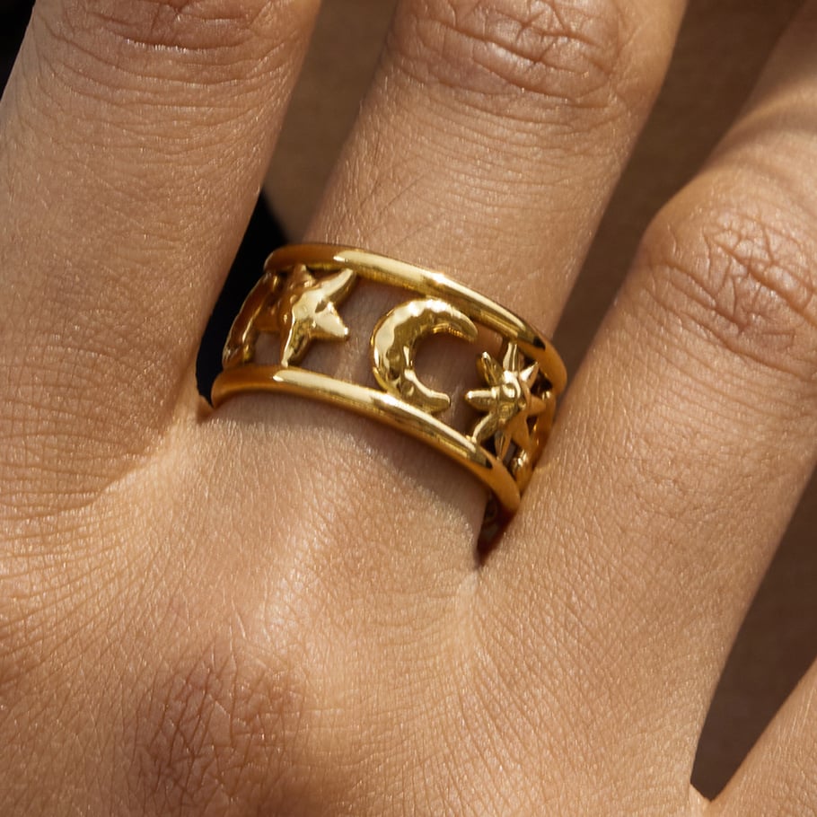 1 Stück schicke Statement-Ringe aus Edelstahl mit Sonne und Mond in Goldfarbe Bild5