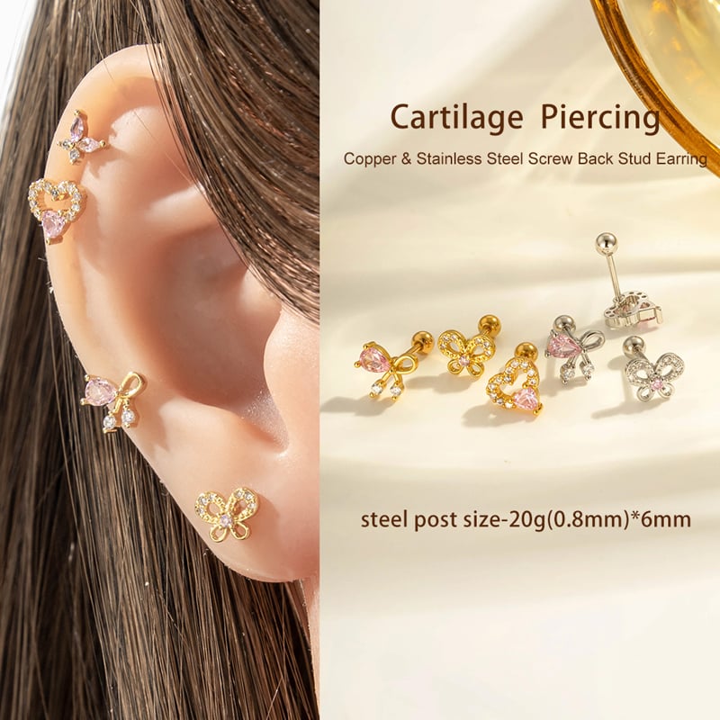 1 stuk hart strik knoop vlinder koper goud kleur zirkoon piercing oorbel Afbeelding4