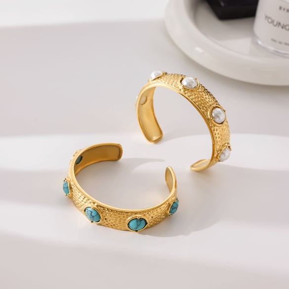 1 Piece Retro Circle Stainless Steel Gold Color Natural Stone Women's Cuff Bracelets