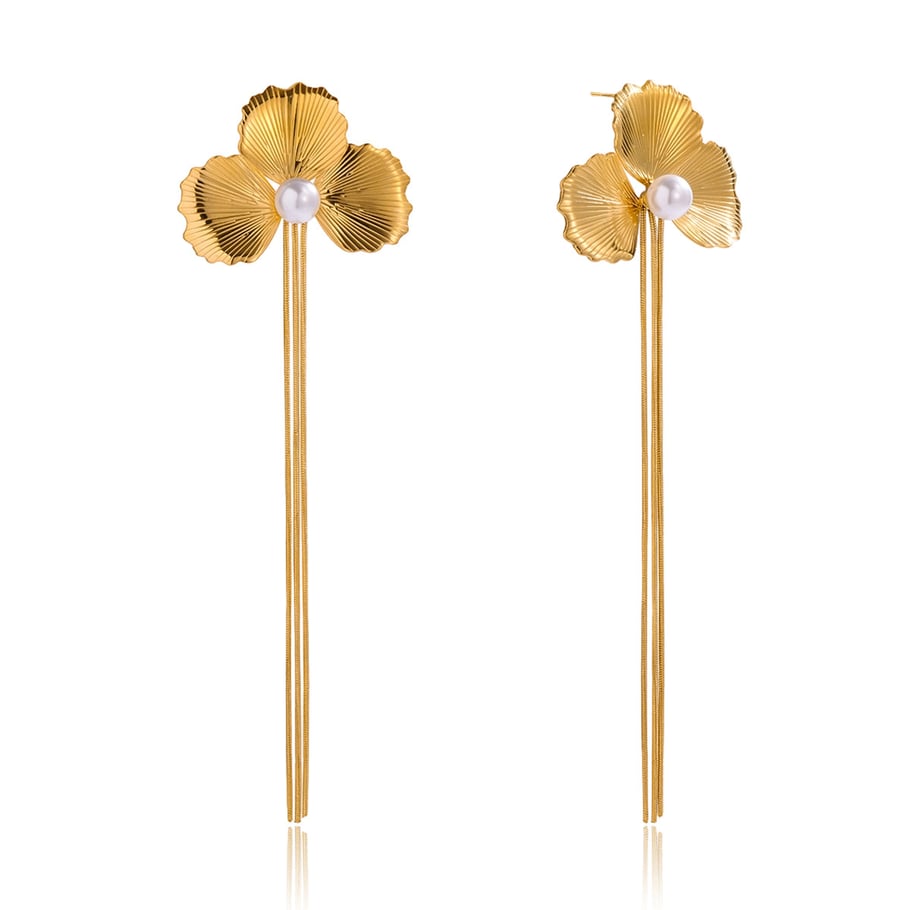 1 Pair Elegant Flower Tassel Stainless Steel Gold Color Women's Dangle Earrings 