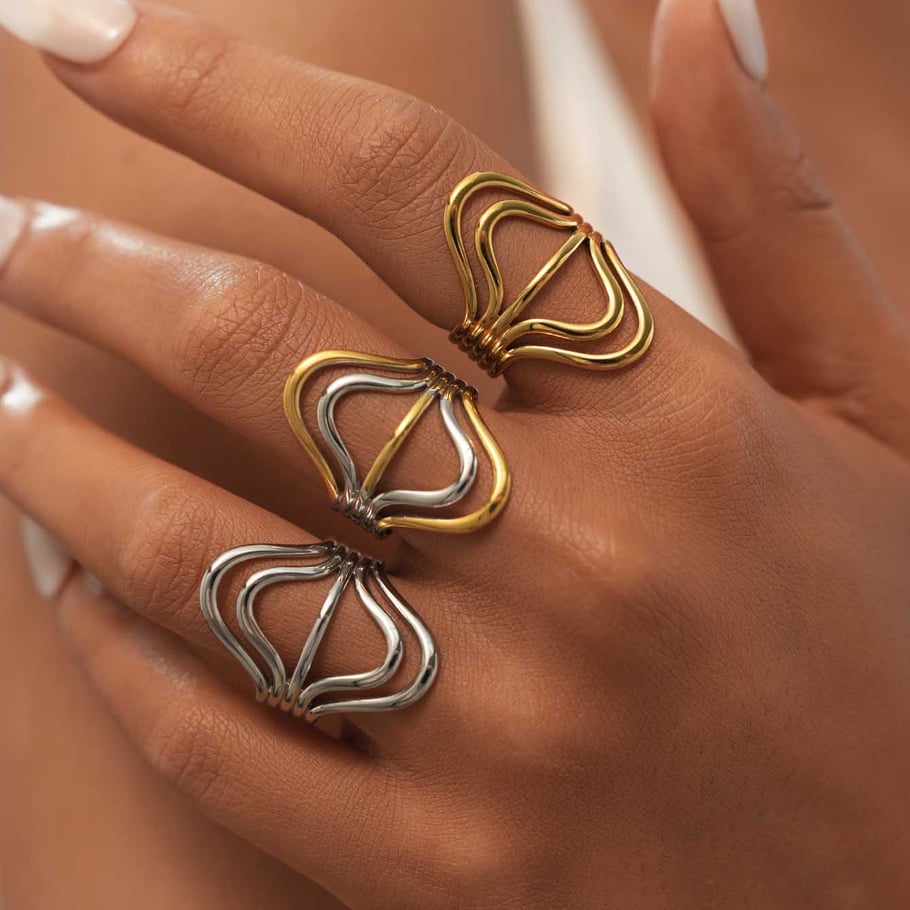 1 Piece Casual Irregular Shape Lines Stainless Steel Gold Color Women's Statement Rings h5Picture4