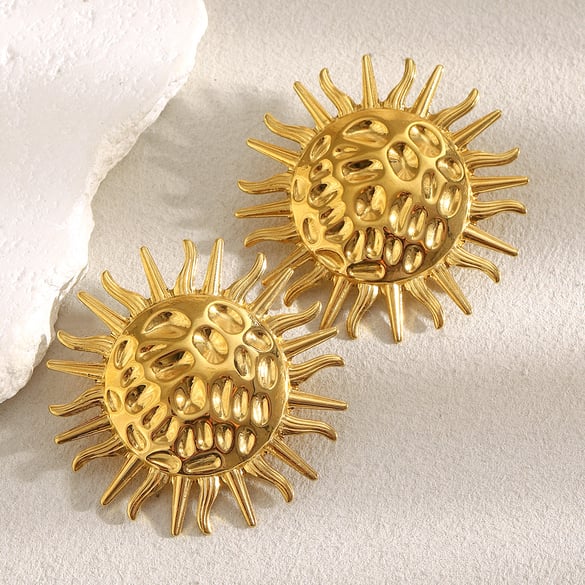 1 Pair Sun Hammered Texture Stainless Steel Gold Color Women's Stud Earrings 2