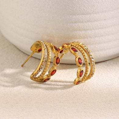 1 par de pendientes de aro clásicos de acero inoxidable con circonita roja en color dorado para mujer h5 Imagen5