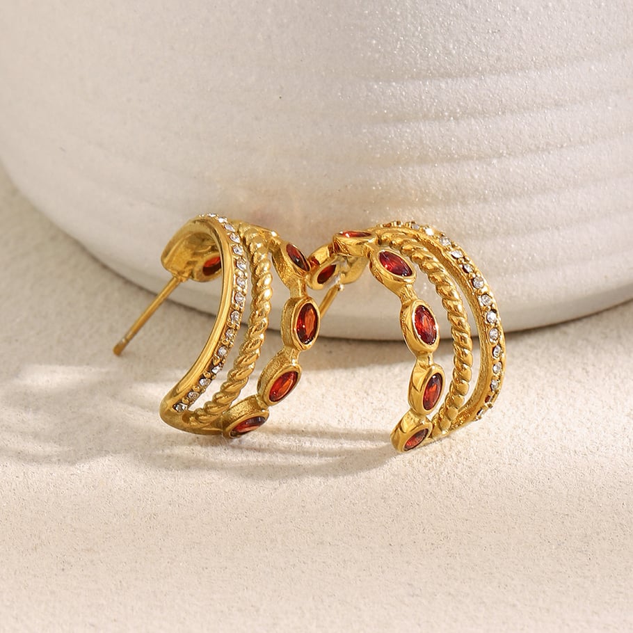 1 par de pendientes de aro clásicos de acero inoxidable con circonita roja en color dorado para mujer Imagen5