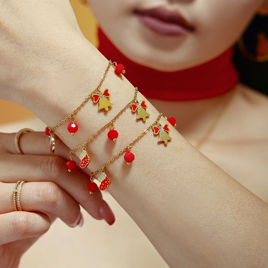 Set di gioielli da donna con campanellino natalizio in acciaio inossidabile color oro e zirconi Immagine3