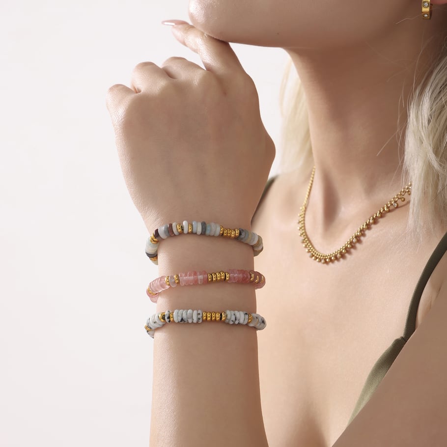 Braccialetti con perline da donna in acciaio inossidabile color oro con perline in pietra naturale retrò da 1 pezzo Immagine5
