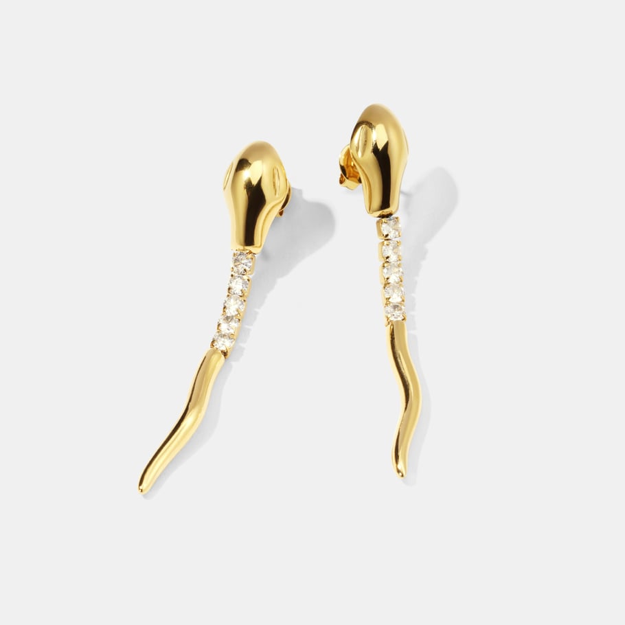 1 paire de boucles d&#39;oreilles pendantes en acier inoxydable en forme de serpent avec zircon couleur or Image2