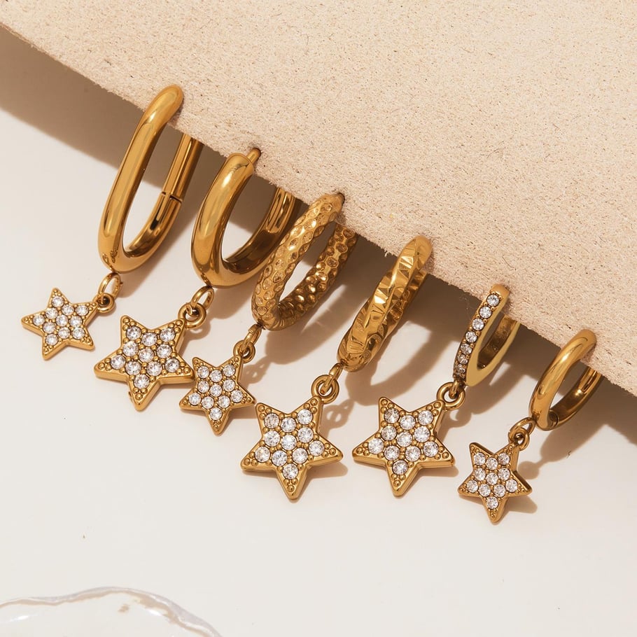 1 Pair Luxurious Star Shape Stainless Steel Gold Color Zircon Women's Drop Earrings Picture2