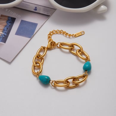 1 Piece Retro Calaite Beads Chain Stainless Steel Gold Color Women's Beaded Bracelets h5 Picture5