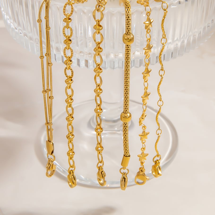 Pulsera de cadena simple de acero inoxidable color dorado para mujer, 1 pieza Imagen5