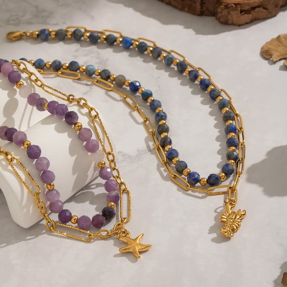 Collier de perles en pierre naturelle couleur or en acier inoxydable, 1 pièce 2