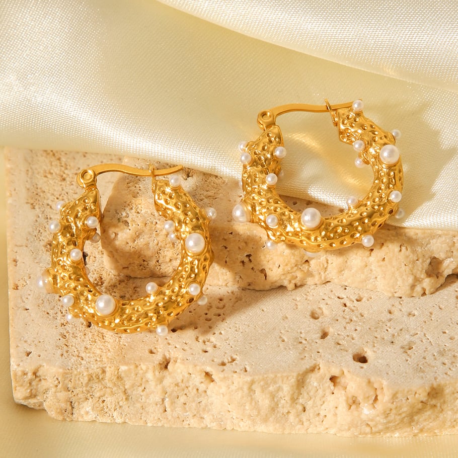 1 Pair Daily Irregular Shape Stainless Steel  Gold Color Pearl Women's Hoop Earrings Picture8