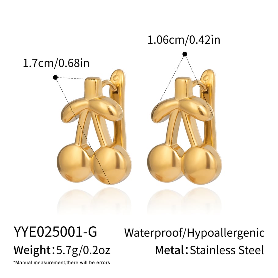 1 Pair Sweet Cherry Stainless Steel Gold Color Stud Earrings 