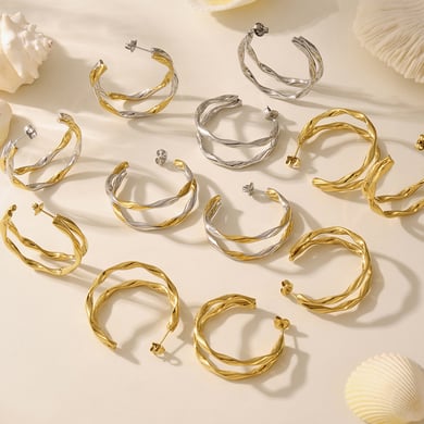 1 Pair Double Circle Stainless Steel Gold Color Women's Hoop Earrings h5 Picture3