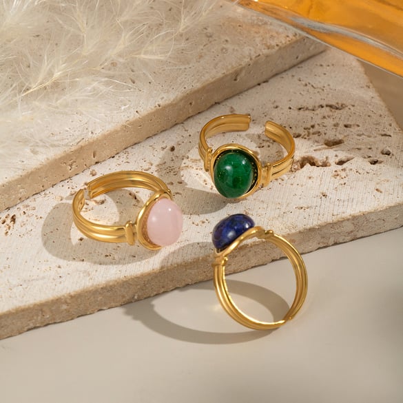 1 Piece Retro Circle Stainless Steel Gold Color Natural Stone Women's Gemstone Rings