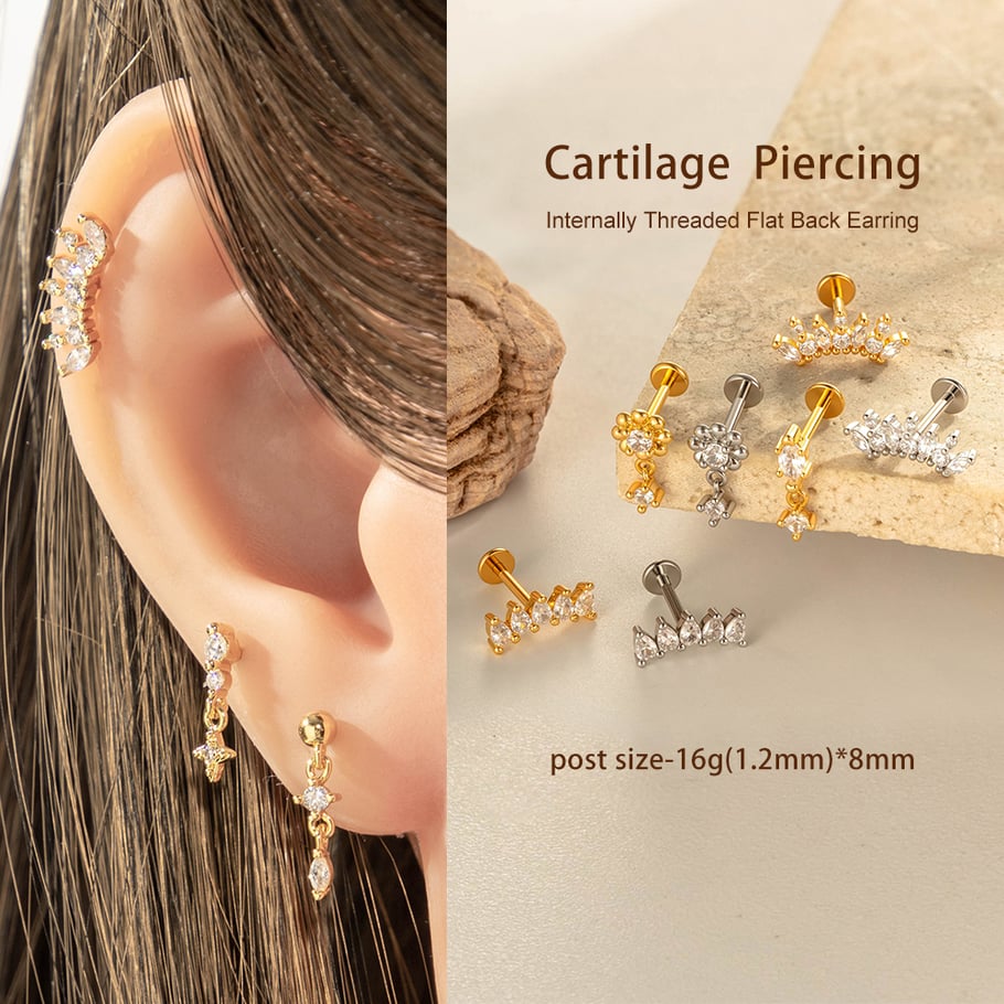 1 Adet Çiçek Ay Bakır Altın Rengi Zirkonyum Piercing Küpe Resim4