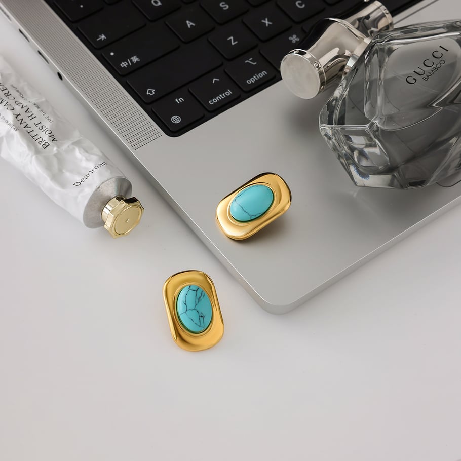 1 Pair Classic Rectangle Oval Calaite Stainless Steel Gold Color Women's Stud Earrings Picture5