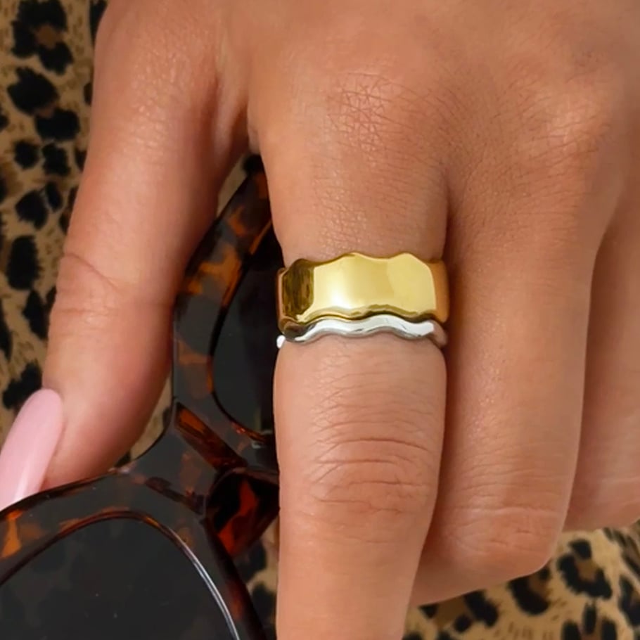 1 Piece Wide  Brimmed Wavy  Pattern Gold Stainless Steel Women's  Statement Rings Picture8
