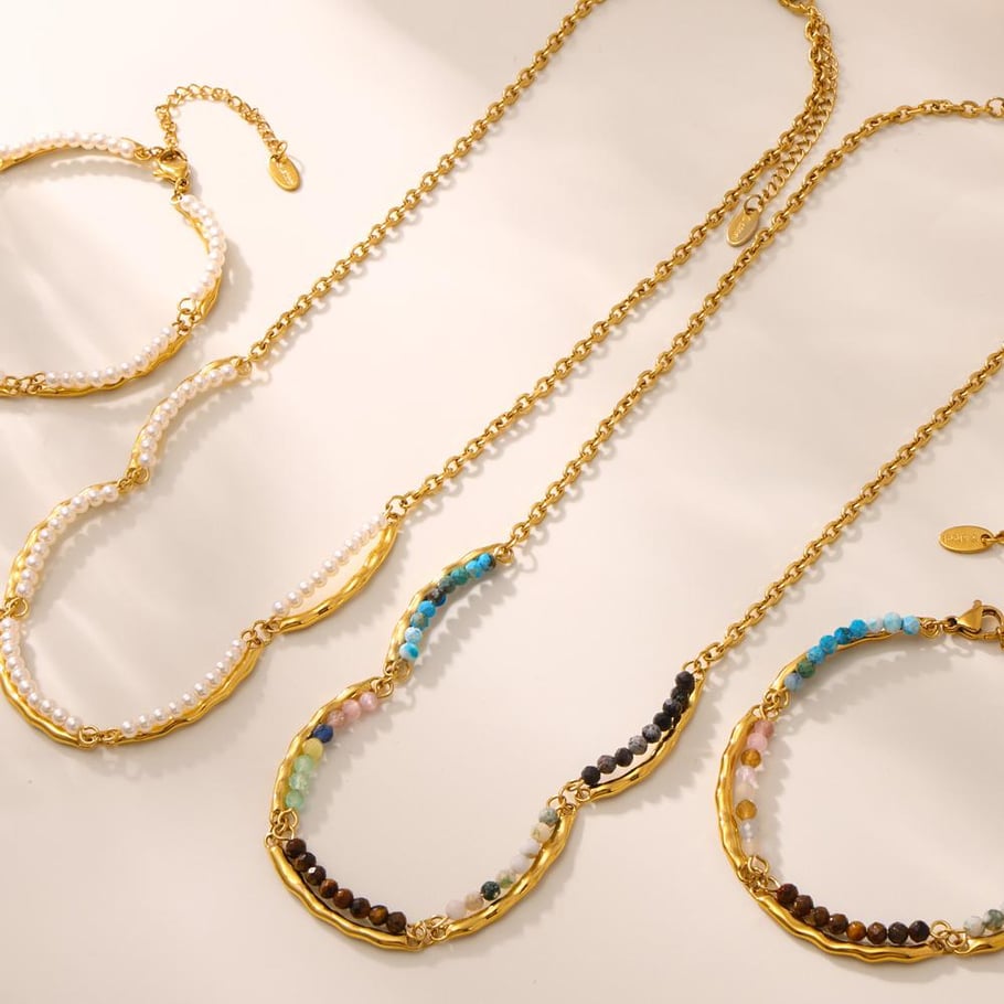 Unregelmäßige Form Edelstahl Gold Farbe Naturstein Damen Schmuck Sets Bild3