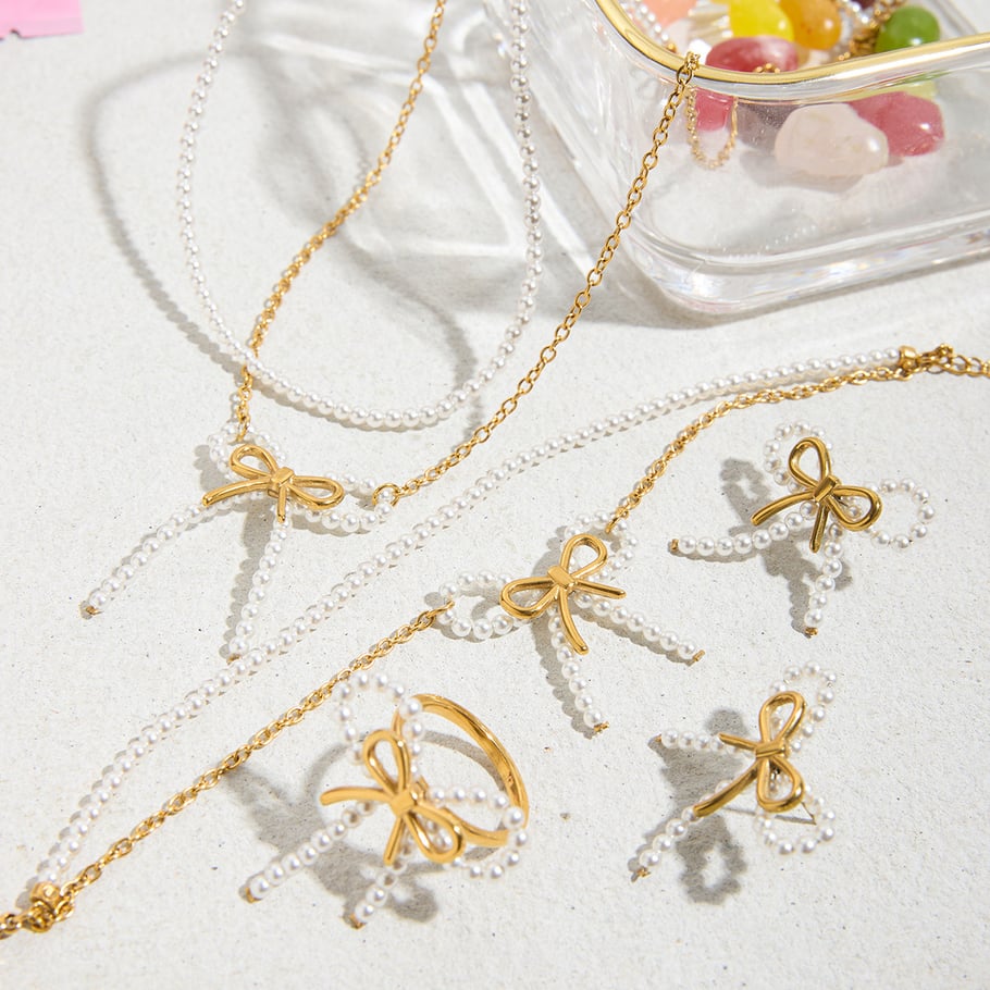 Romantic Series Bow Knot Stainless Steel Gold Color Women's Jewelry Sets Picture6