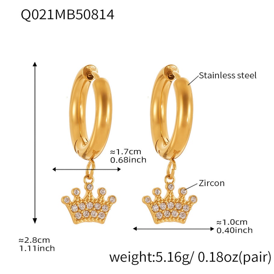 1 Pair Elegant Crown Stainless Steel Gold Color Zircon Women's Drop Earrings 