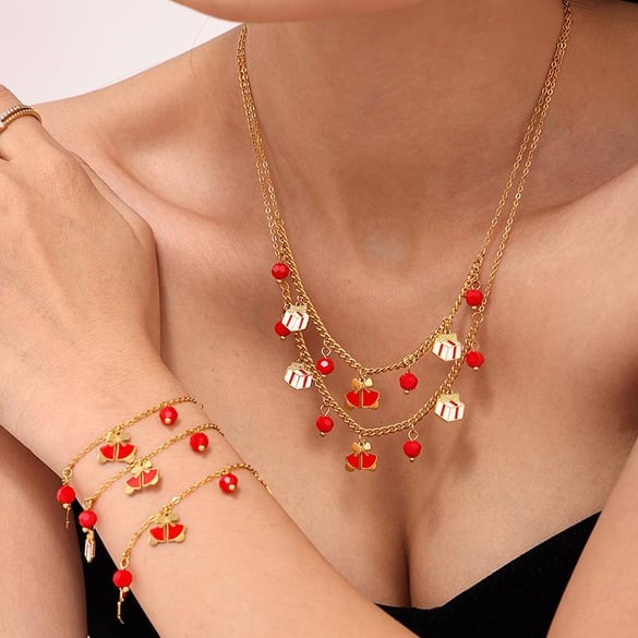 Classic Christmas Garnet Stainless Steel Gold Color Women's Jewelry Sets 2