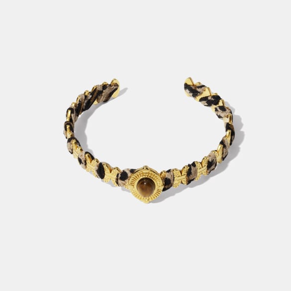 1 Piece Classic Series Retro Leopard Print Stainless Steel  Natural Stone Women's Cuff Bracelets 2