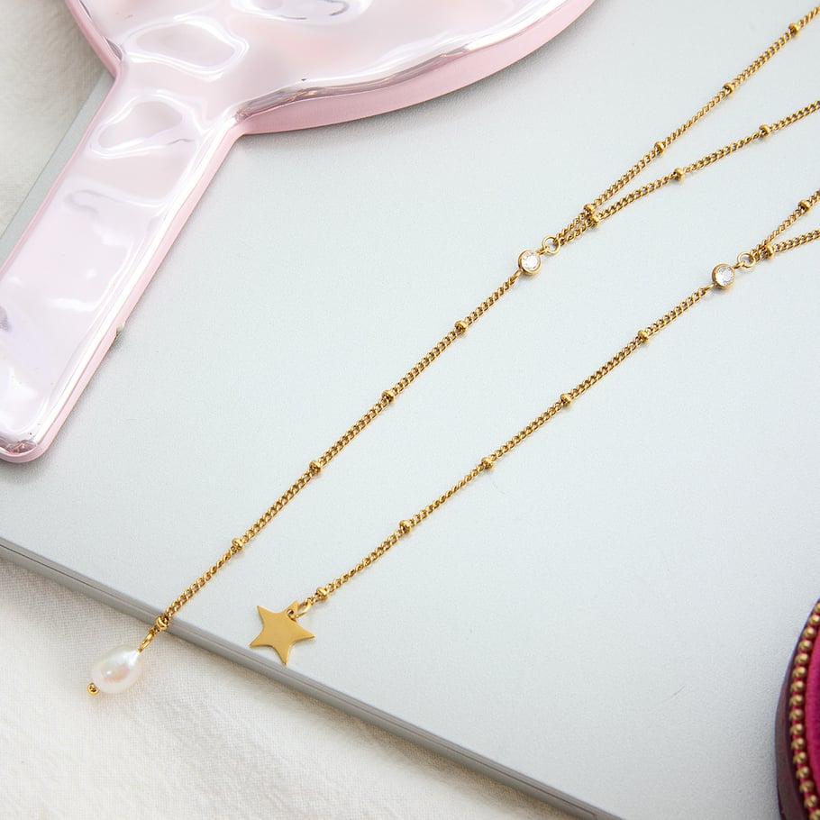 1 pezzo elegante collana a strati da donna in acciaio inossidabile con zirconi color oro e stella Immagine8