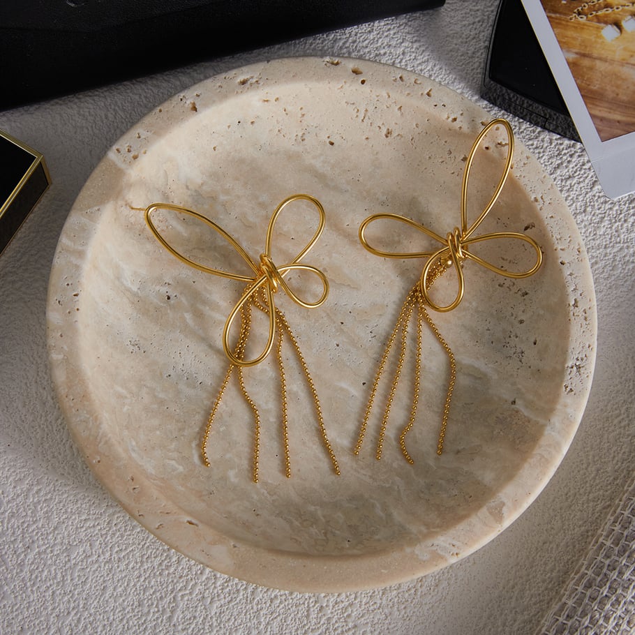 1 Paar wunderschöne baumelnde Ohrringe mit Schleife und Knoten, Edelstahl, goldfarben Bild6