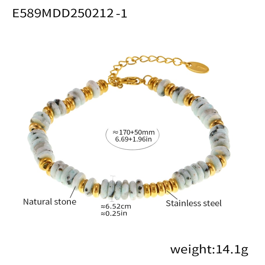 Braccialetti con perline da donna in acciaio inossidabile color oro con perline in pietra naturale retrò da 1 pezzo 