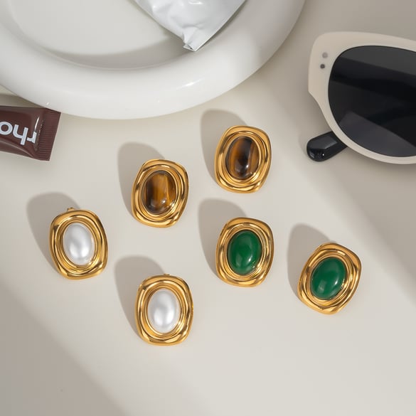 1 Pair Classic Rectangular Stainless Steel Gold Color Natural Stone Pearl Women's Stud Earrings 2