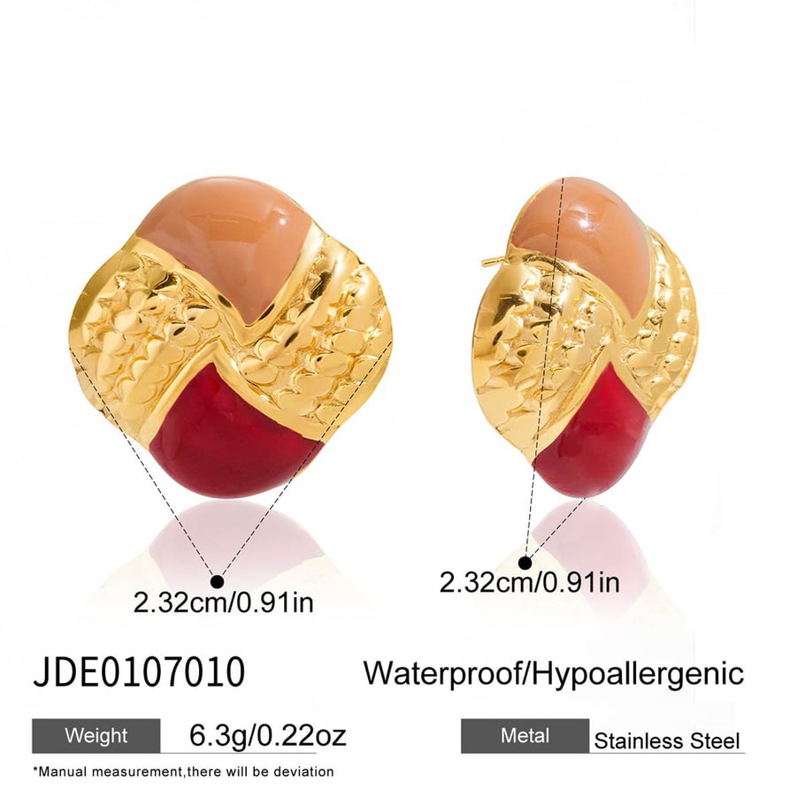 1 paio di lussuosi orecchini a bottone da donna in acciaio inossidabile color oro con motivo a scacchi di vari colori Immagine2