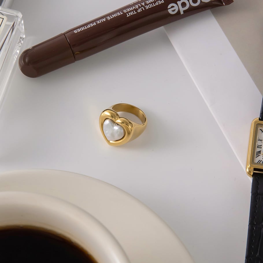 1 pezzo di anello romantico a forma di cuore con perla in acciaio inossidabile color oro Immagine7