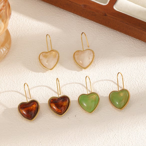 1 Pair Retro Heart Stainless Steel Gold Color Acrylic Women's Dangle Earrings