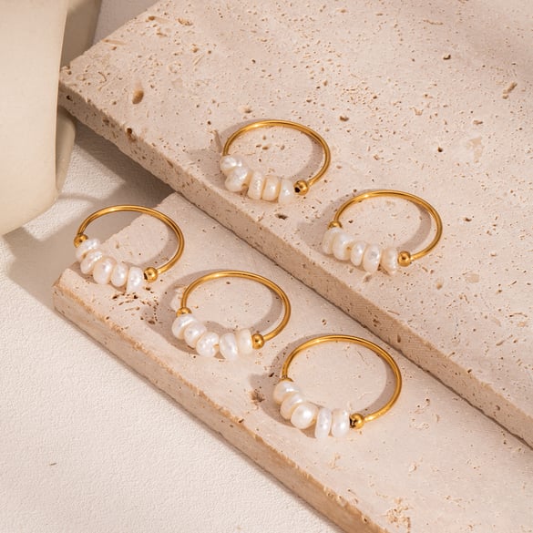 1 Piece Daily Circle Stainless Steel Gold Color Pearl Beaded Rings 2