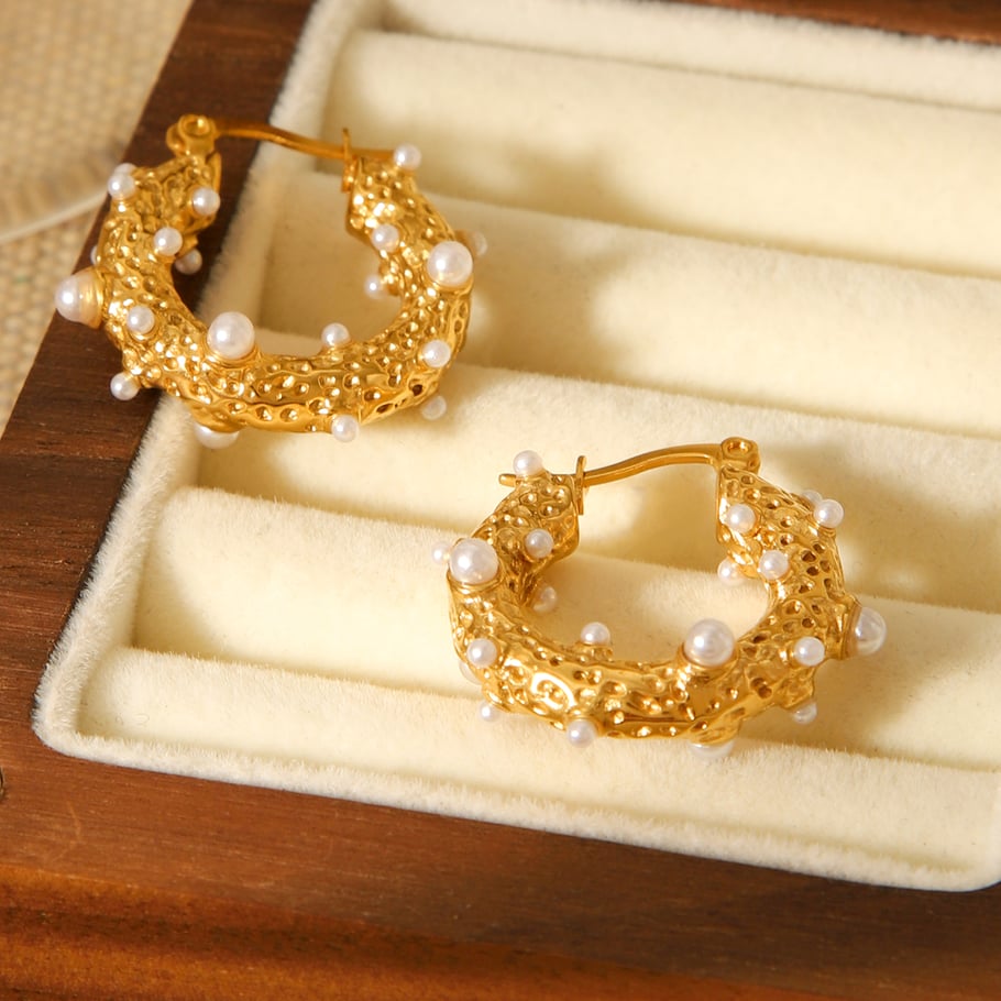 1 Pair Daily Irregular Shape Stainless Steel  Gold Color Pearl Women's Hoop Earrings Picture7