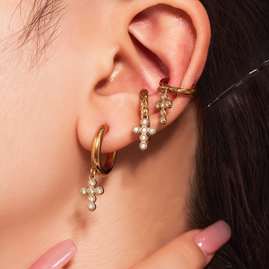 1 Pair Daily Cross Stainless Steel Gold Color Zircon Women's Drop Earrings Picture4
