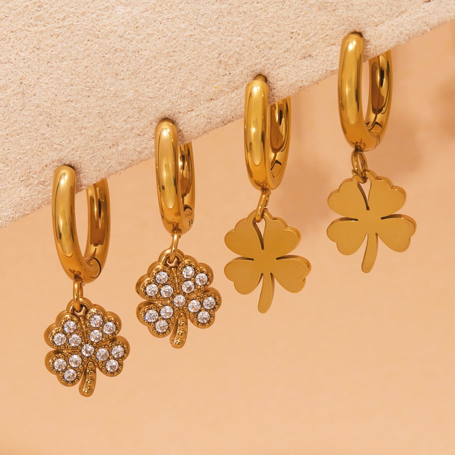 1 Pair Elegant Clover Stainless Steel Gold Color Zircon Women's Drop Earrings Picture3