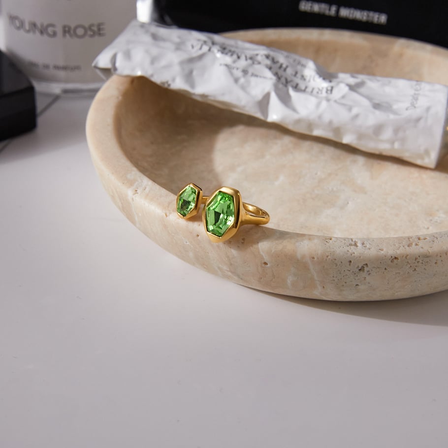 1 Piece Hexagon Green Shape Zircon Stainless Steel Gold Color Women's Gemstone Rings Picture5