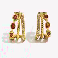 Pendientes de tres capas de circonitas rojas y diamantes - Oro 