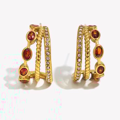 1 par de pendientes de aro clásicos de acero inoxidable con circonita roja en color dorado para mujer h5 
