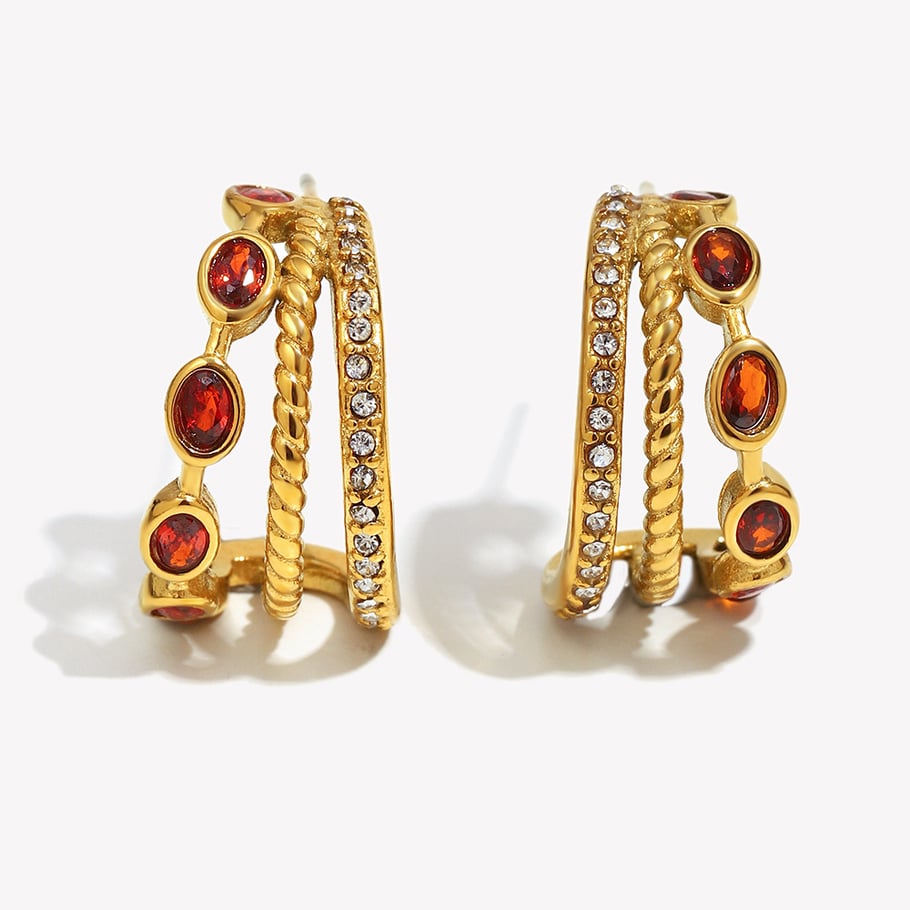 1 par de pendientes de aro clásicos de acero inoxidable con circonita roja en color dorado para mujer 