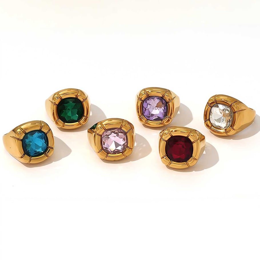Anello da donna in acciaio inossidabile vintage di lusso, 1 pezzo, color oro, con pietre preziose Immagine4