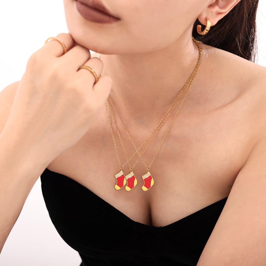 Colliers à pendentif classiques en acier inoxydable pour femmes, motif chaussette de Noël Image6