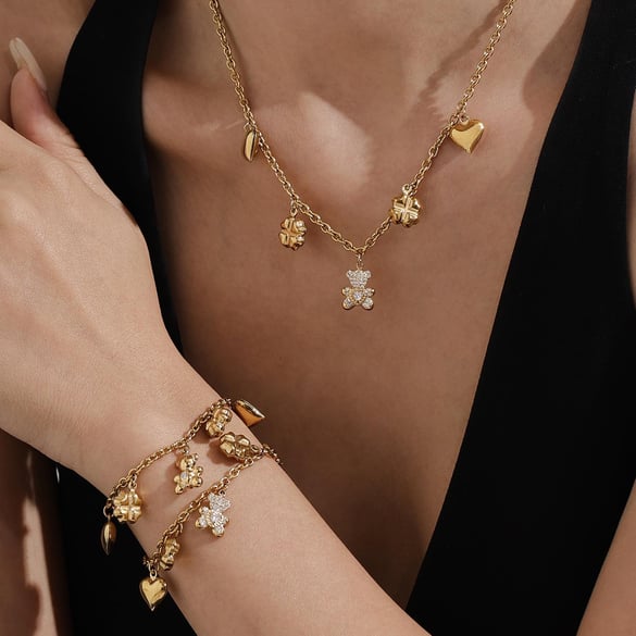 Cute Bear Clover Stainless Steel Gold Color Women's Jewelry Sets 2