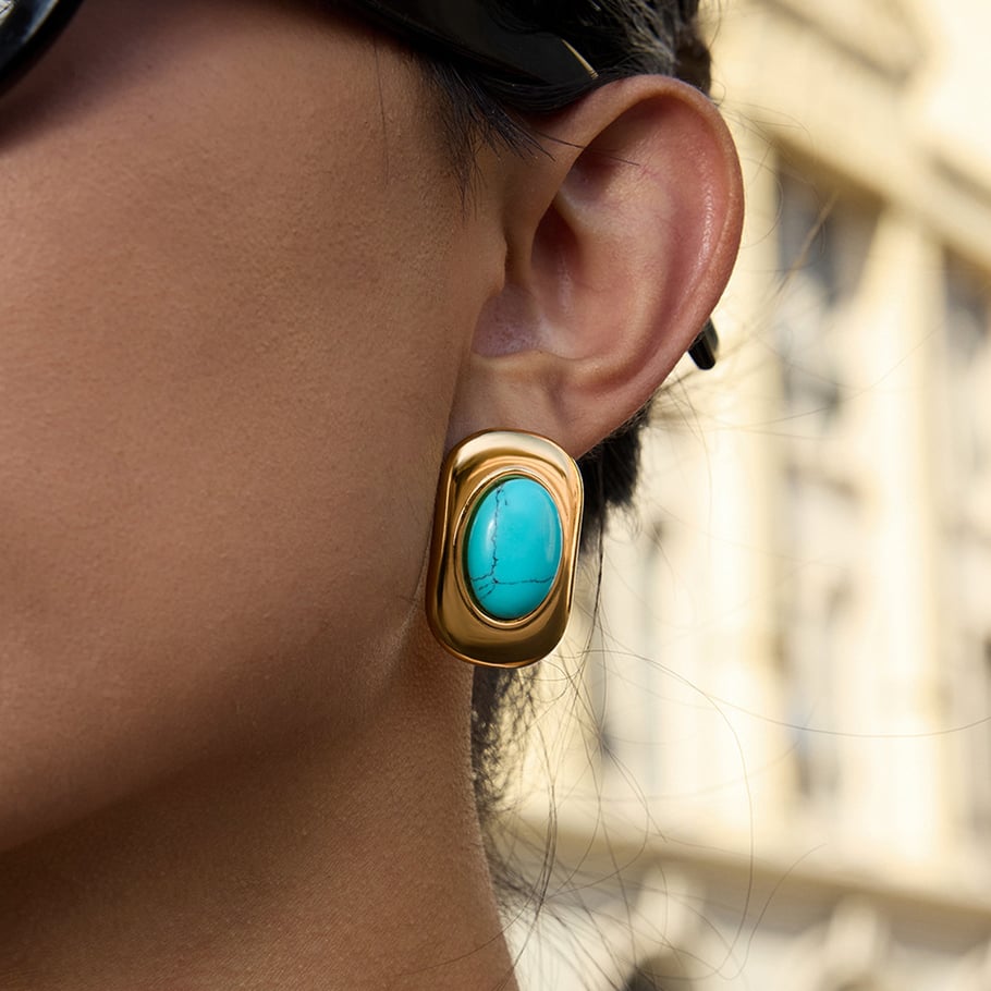 1 Pair Classic Rectangle Oval Calaite Stainless Steel Gold Color Women's Stud Earrings Picture3