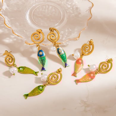 1 Pair Creative Colorful Oil Drip Stainless Steel Fish Women's Drop Earrings h5 Picture4