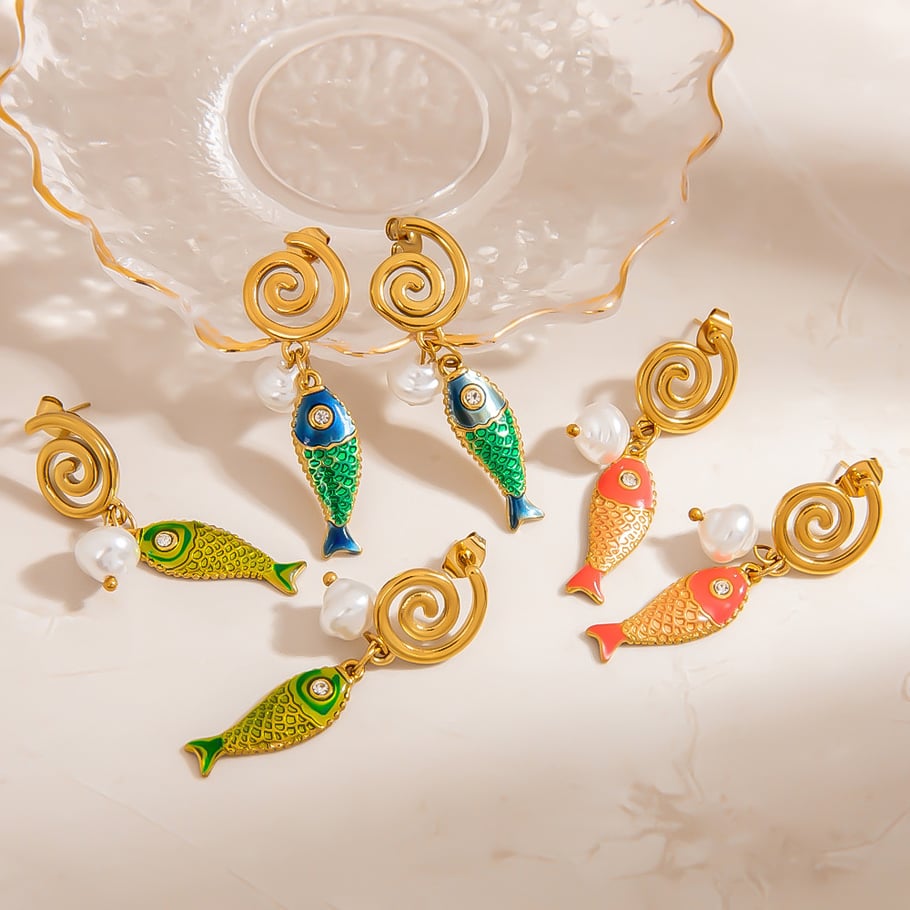 1 Pair Creative Colorful Oil Drip Stainless Steel Fish Women's Drop Earrings Picture4