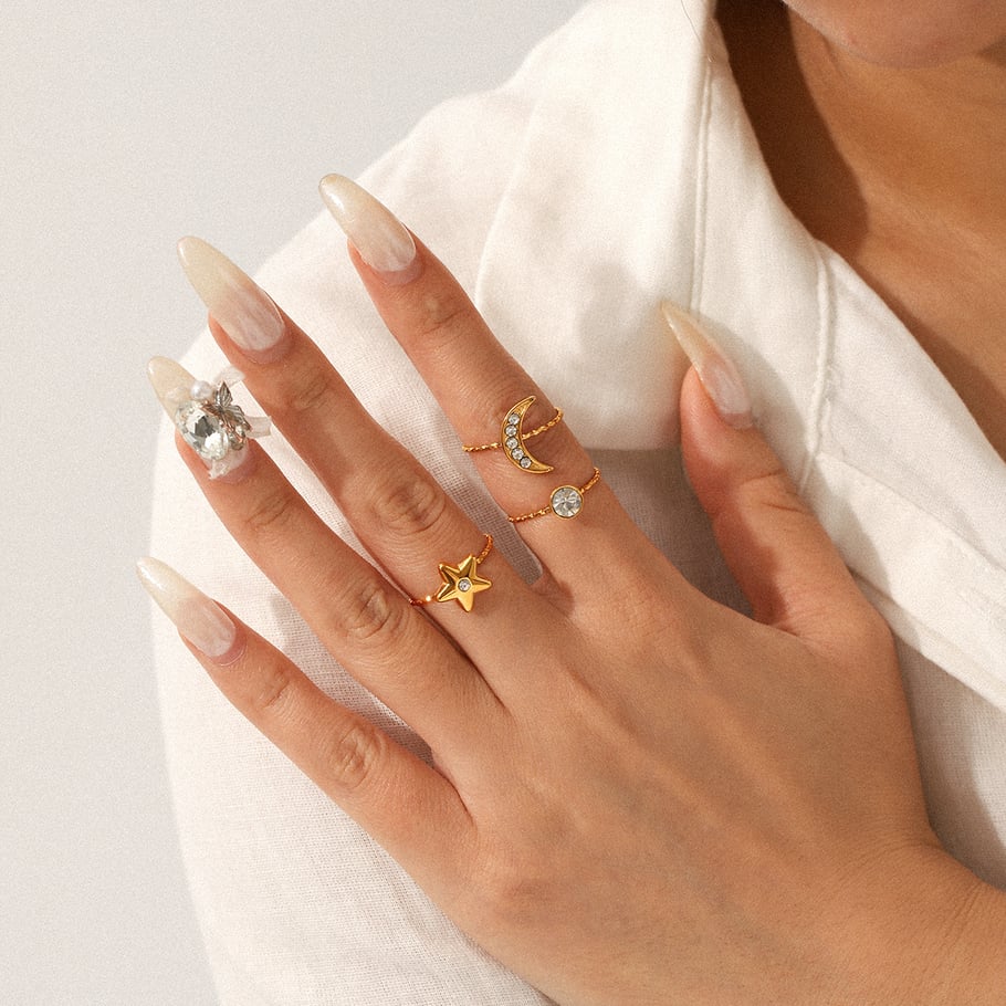Luxe, gelaagde Star Moon-ringen van roestvrij staal met zirkonia voor dames Afbeelding5